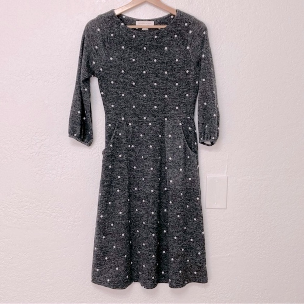 Monteau Anthropologie Gray Polka Dot Puff‎ 3/4 Sleeve Dress with Pockets, Size S